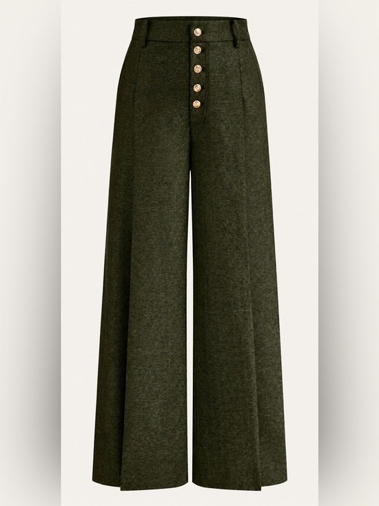 Commense Pants - Commense High-Waisted Button-Front Wide-Leg Pants Dark Olive Green Size S Preppy